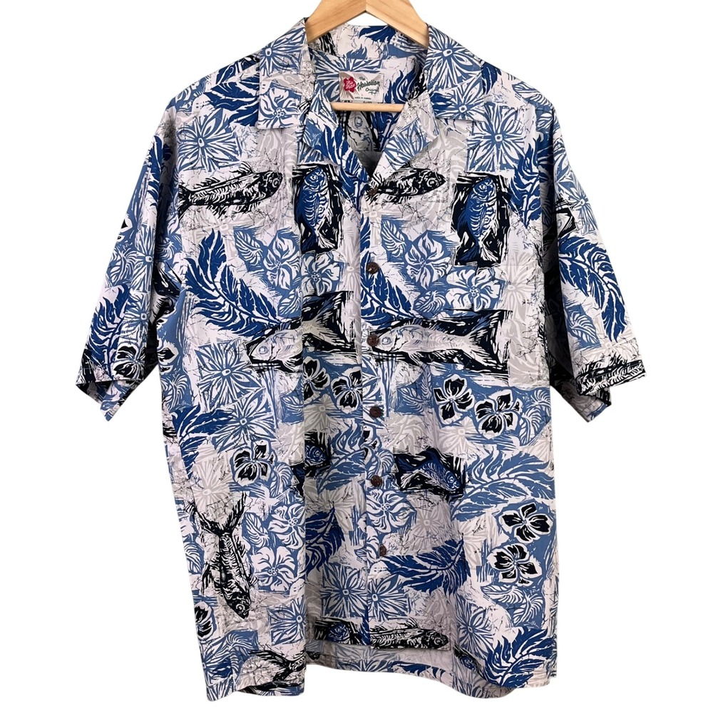 VTG Hilo Hattie Hawaiian‎ Original Blue Fish Floral Short Sleeve Shirt Large